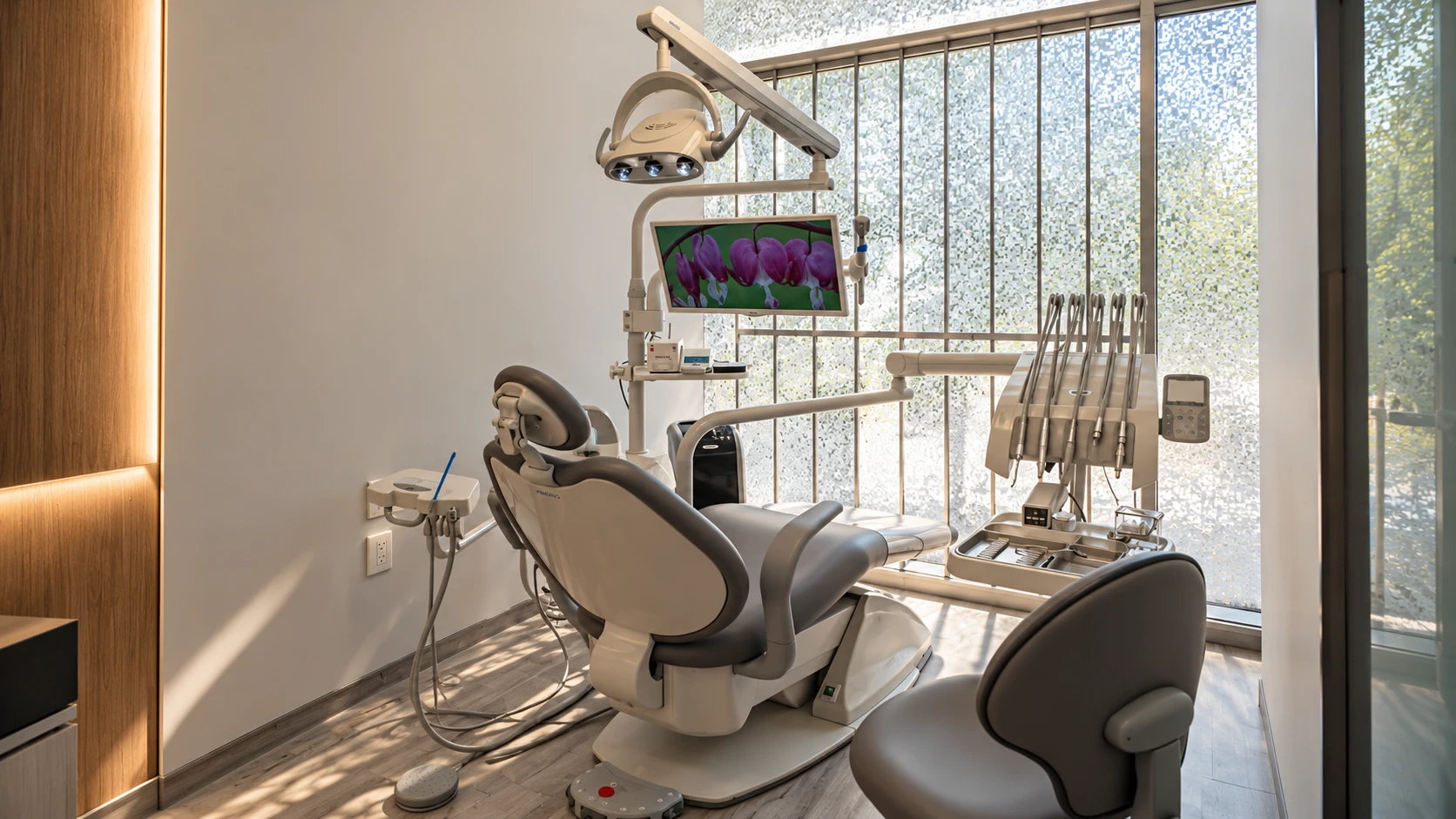 Área clínica del consultorio, con sillón dental y lámpara
